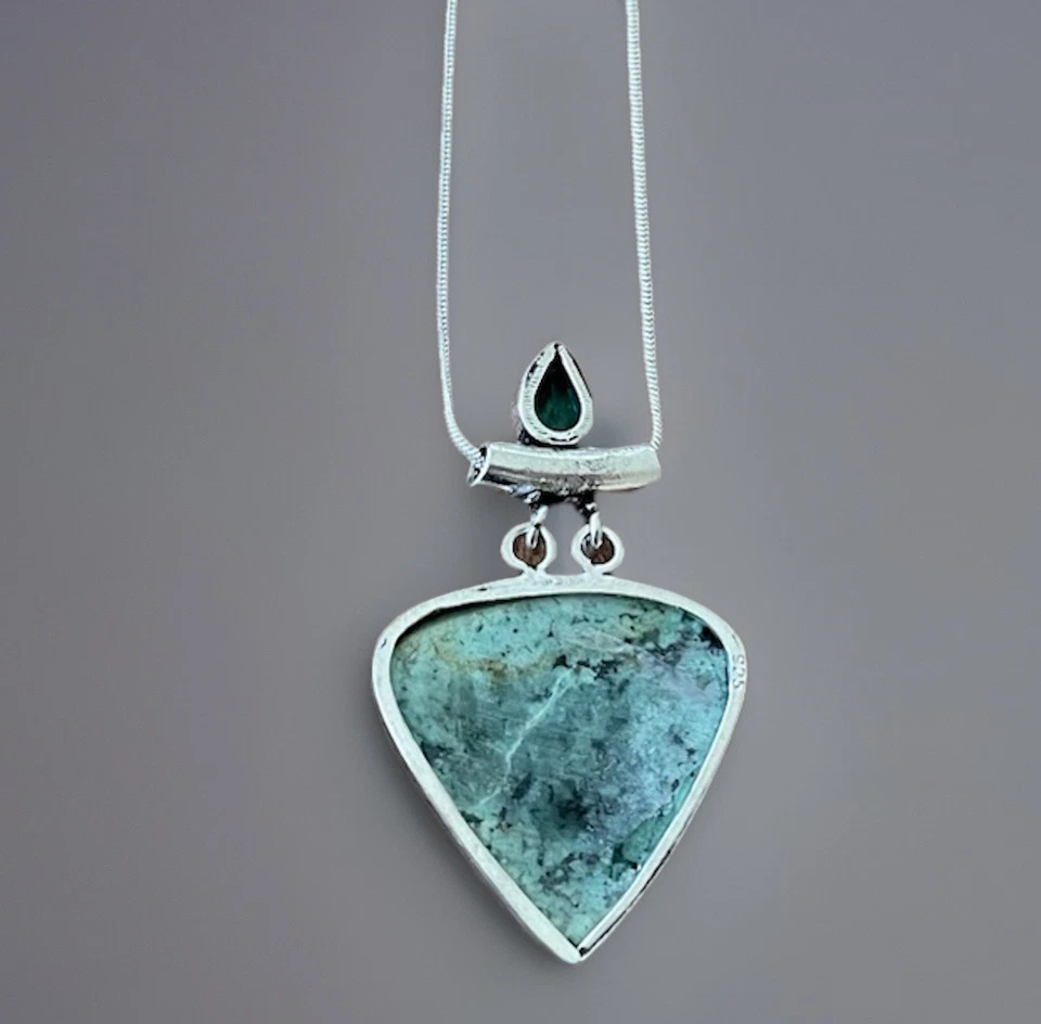 African Turquoise & Topaz Gemstone Pendant Necklace -925 Silver plated-New - image 4 of 4