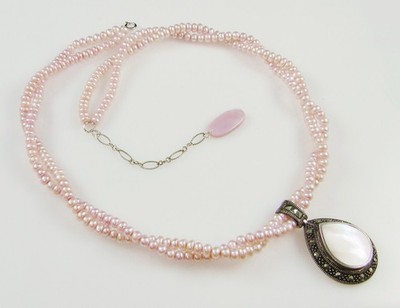 Dee Berkeley DBJ Sterling Pink Freshwater Pearl Necklace Marcasite Shell Pendant