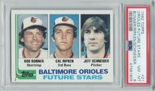 1982 Topps Orioles Future Stars Cal Ripken Jr, Jeff Schneider, Bob Bonner PSA 8