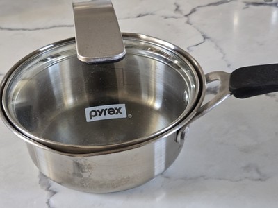 PYREX Stainless Steel Sauce Pan Spout Pour Glass Lid  1QT 