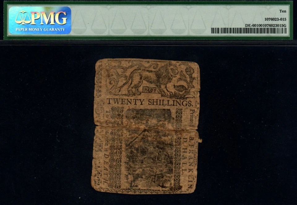 1758 Ben Franklin Printed Delaware 20 Shillings PMG Certified Colonial Note! - Image 3 of 4