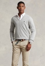 Polo Ralph Lauren Gray 100 Pima Cotton Long Sleeve V-Neck Logo Sweater Men's XL