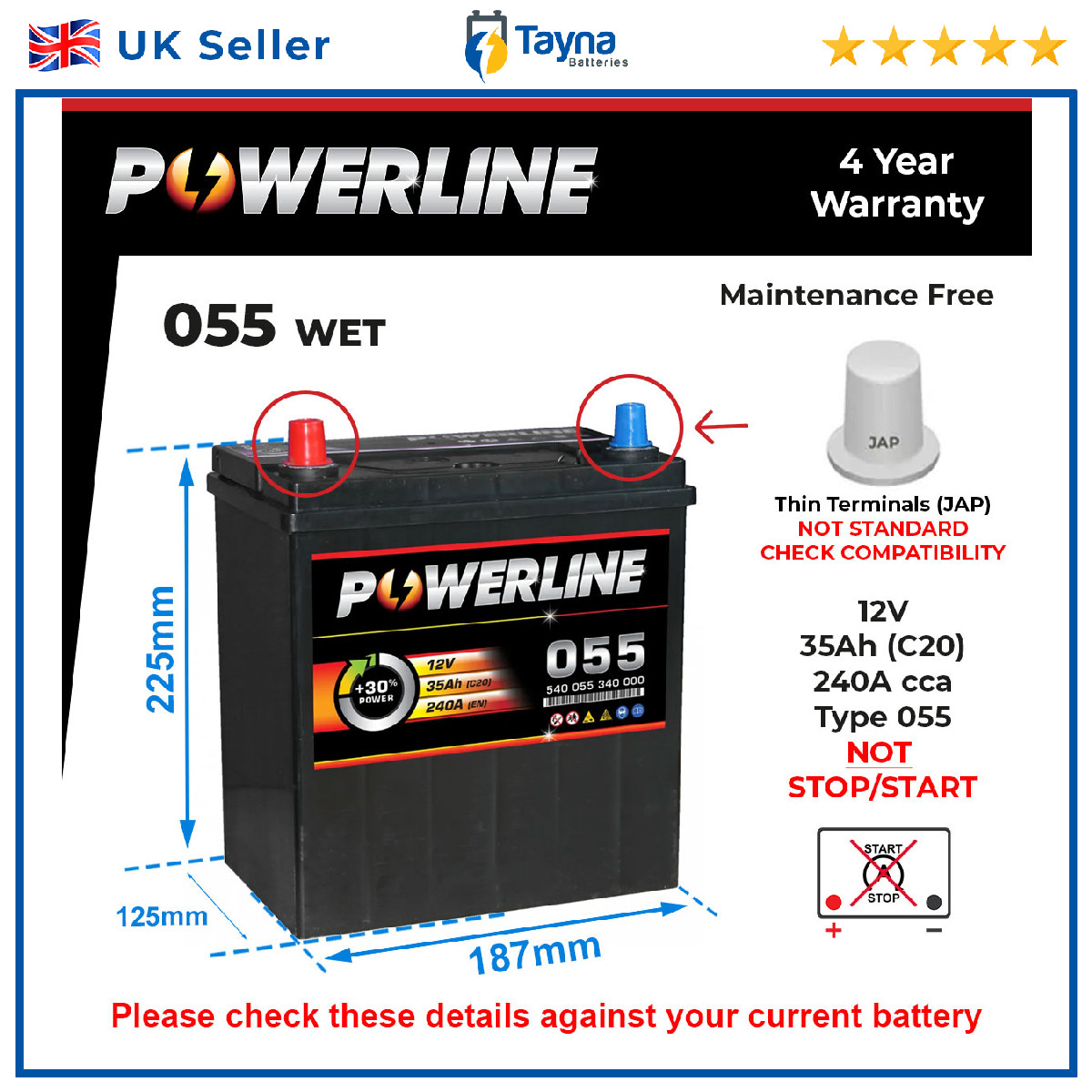 Car Battery 055 Powerline 055 240A 35Ah 4Yr Warranty 187x125x225