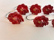 SET 12 shower curtain hooks red flowers roses metal resin