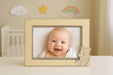Jeweled Picture Photo Frame 4x6 Baby Shower Bear Rhinestones Cream Enamel Metal