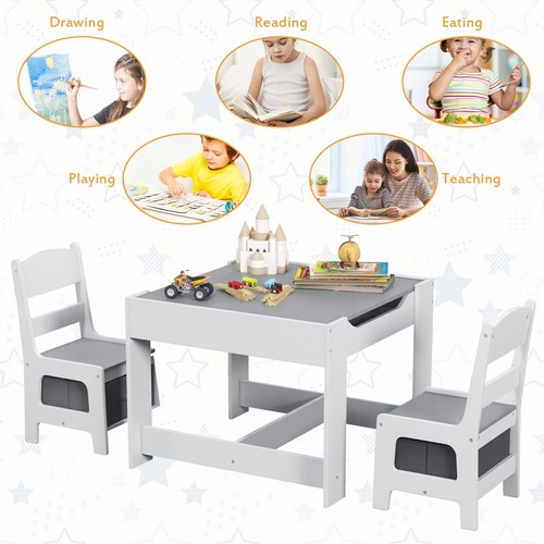 Babyjoy Kids Table Chairs Set w/ Storage Box Blackboard Whiteboard Drawing Grey - Picture 8 of 12