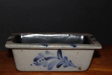 Rowe Pottery Vintage Salt Glaze Small Loaf Baking Dish Blue Floral Design ~ 1995