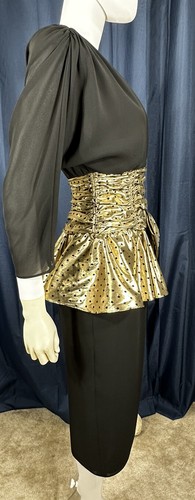 VTG 80s 4 Dress Ruched Metallic Lame Dot Peplum Pat Richards Black Gold Waist 26 - Picture 17 of 18