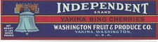 Original INDEPENDENT cherry crate label Washington Fruit Yakima WA Liberty Bell