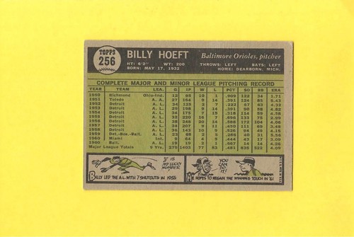 1961 Topps #256 Billy Hoeft Baltimore Orioles Near Mint Beauty! - Picture 2 of 2
