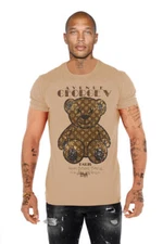 Avenue George V Paris Short Sleeves Beige T-shirt Rhinestone Golden Teddy bear