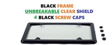 Unbreakable Clear License Plate Tag Shield Cover Black Frame 4 Screw Caps