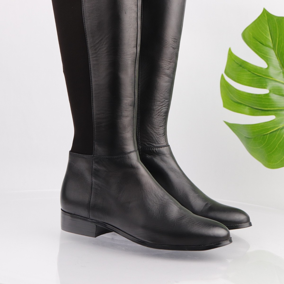 Michael Kors Womens Bromley Riding Boot Size Tall Black Leather Stretch  Panel