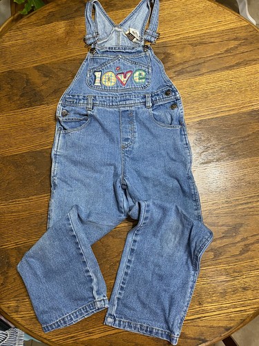 Vintage Girl's Rachel's Kids Bib Embroidered Love Denim Overalls Size 7