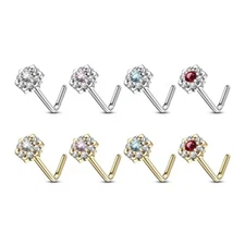 14K Gold 20GA Nose Rings L Bend Prong CZ Gems Paved Outer Circle 6 Point Flower