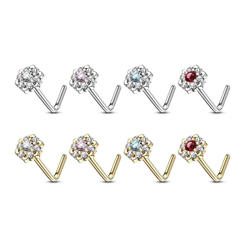 14K Gold 20GA Nose Rings L Bend Prong CZ Gems Paved Outer Circle 6 Point Flower