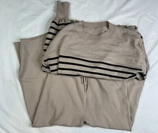 Cozy Knit Lounge Set Beige Black with Long Sleeve Top and Crop Pants A030125