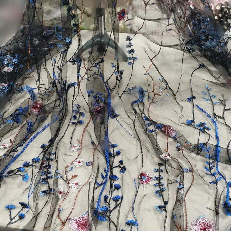 Lace Fabric Embroidery Colorful Floral Mesh Bridal Wedding Dress Fabric By Yard - Image 2 of 4