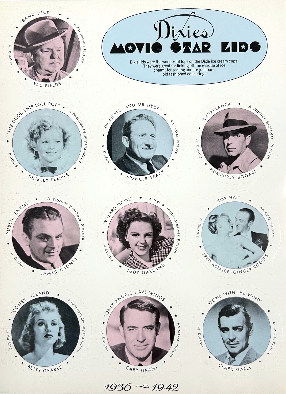 1942 Dixies Movie Star Lids Ice Cream Proof Board 1990's NOSTALGIA Reprint - NEW