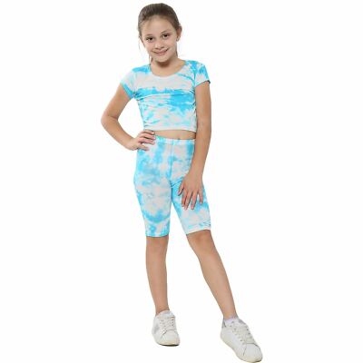 Kids Tie Dye Blue Crop Top Cycling Shorts Set Active Wear Girls