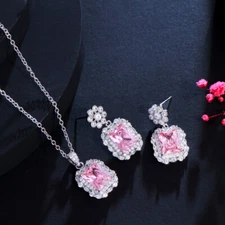 Elegant Pink CZ Flower Square Drop Necklace Earrings Silver Plated Jewelry Set