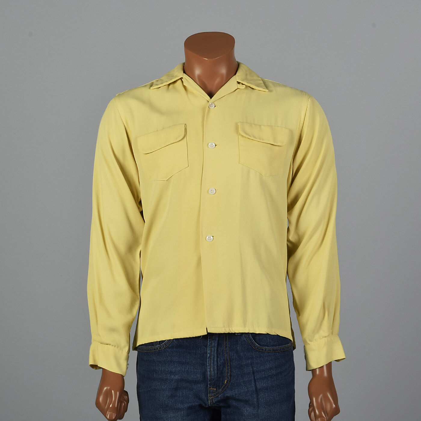 Large 1950s Yellow Long Sleeve Mens Shirt Pockets VTG 50s 