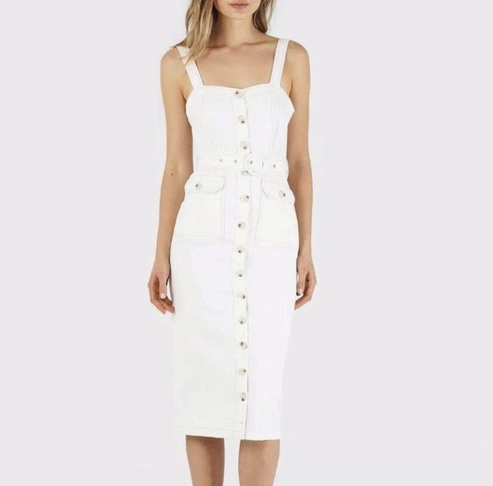 Amelius White Denim Midi Dress Size 10 100% Cotton Button Up Utility Belted