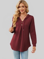 Women Decorative Button Drawstring Long Sleeve Hoodie