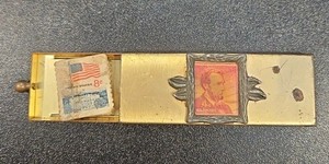 Vtg Brass Stamp Holder Slide Drawer 4 Cent Lincoln Stamp With 7 ~ 8 Cent Stamps