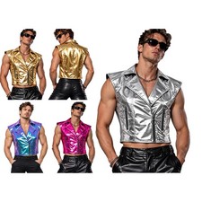 Men Metallic Sleeveless Vest Lapel Zipper Cropped Waistcoat Stage Rave Party