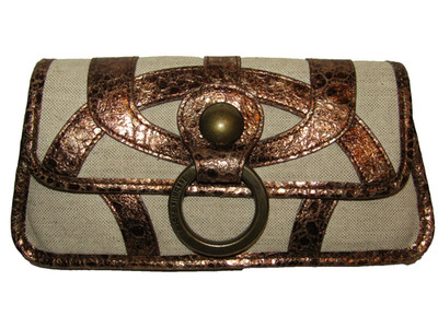 NEW ISABELLA FIORE WRISTLET CLUTCH WALLET PURSE NATURAL CANVAS  & LEATHER TRIM