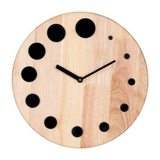 Wooden Wall Clock with Black Acrylic Dot, Modern Round Rubber Wood Natural