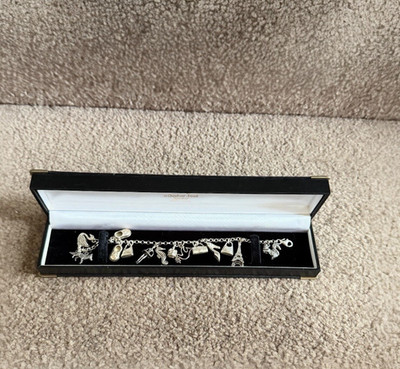 Massives Silber Bettelarmband & 14 Charms 25g Schwan Schuhbeutel Eichhörnchen mit Box