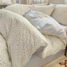 Gingham Duvet Cover Romantic Floral Plaid Bedding Set 3 Pcs Cotton Spring Blue F