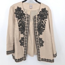Chicos Linen Embroidered Jacket Womens Large Tan Black Open Front Boho Office