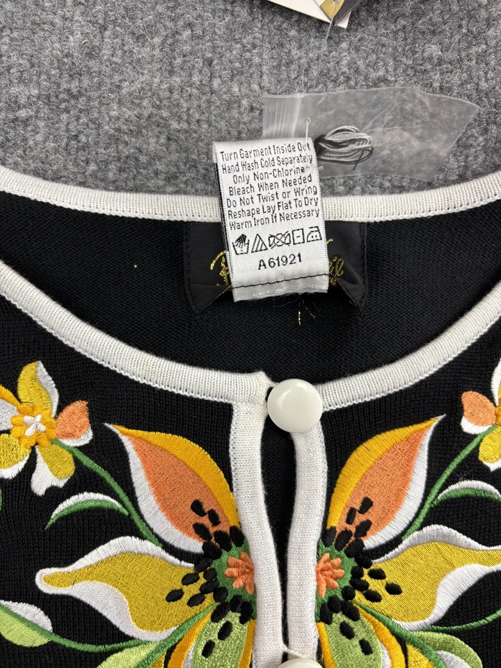 Cárdigan Bob Mackie Mujer XL Negro Floral Bordado Usable Arte QVC A61921 Foto 3 de 4