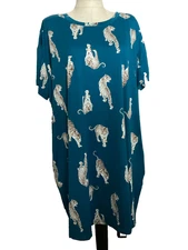 JOYSPUN SLEEPSHIRT Teal Tigers Print Knit Knee Length GOWN Sz 2X/3X*