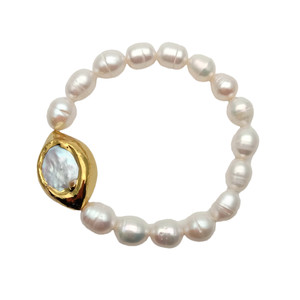 Authentic Natural Cultured White Rice Pearl Keshi Pearl Gold Plated Elastic Bracelet