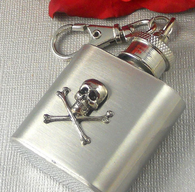Steampunk Skull & Crossbones Mini Flask Keychain 1 Oz Stainless Steel