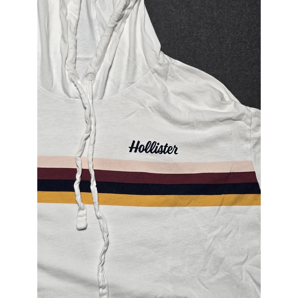 Hollister Sudadera con Capucha Recortada Manga Larga Blanco Rayas Boyfit Camiseta XS Suéter Foto 2 de 4