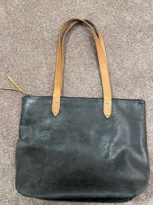 ABLE Distressed Black Leather Zip Top Tote Bag Tan Straps 16.5 W x 14 H
