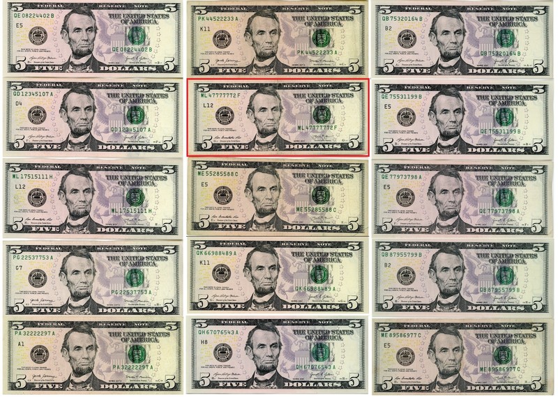 U.S. FIVE DOLLAR BILLS - LOT OF 15 - COOL FANCY SERIAL NUMBERS 95% OR HIGHER