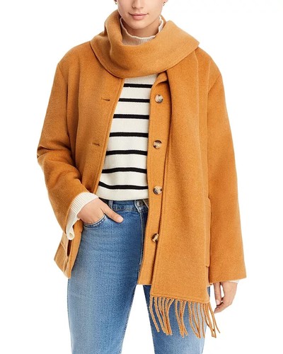 AQUA Scarf Collar Coat Women's L Camel Round Neck Full Front Button Closure L/S - 第 1/13 張圖片