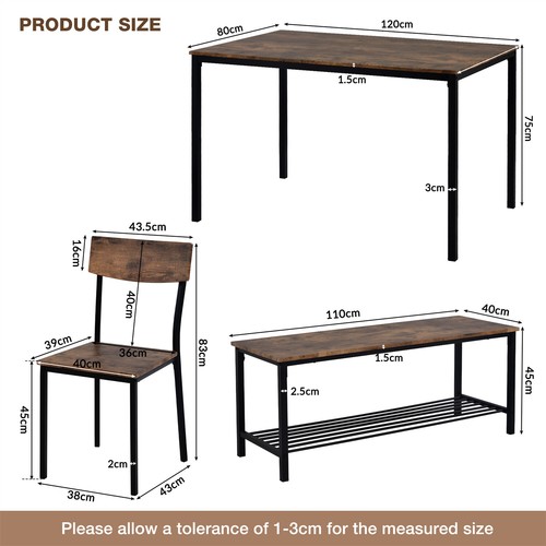 6Pc Kitchen Dining Table Chair and Bench Set Wooden Steel Frame Industrial Style - Picture 6 of 16