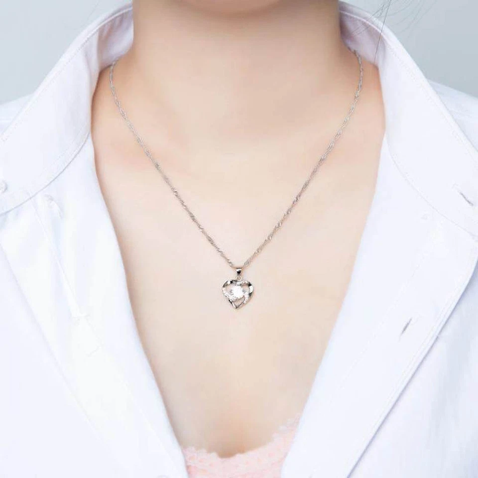 HALSKETTE 925 STERLING SILBER PLATTIERT WEIß HERZ KETTE ZIRKONIA DAMEN SCHMUCK - Bild 4 von 4