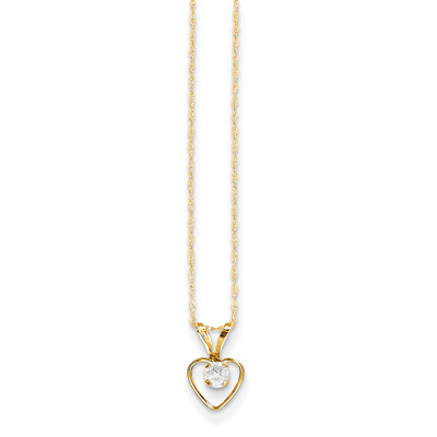 14K Yellow Gold White Zircon Birthstone Heart Necklace 15