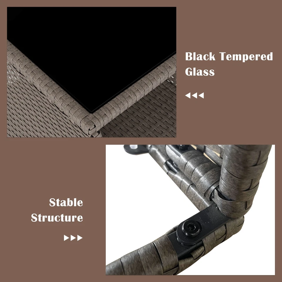 Mesa auxiliar de patio de mimbre para exteriores con tapa de vidrio templado, color sésamo Foto 3 de 4