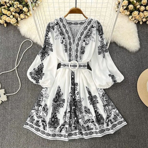 Boho Women V Neck A-Line Long Sleeve Midi Loose Dress Summer Holiday Beach Dress - Picture 6 of 27