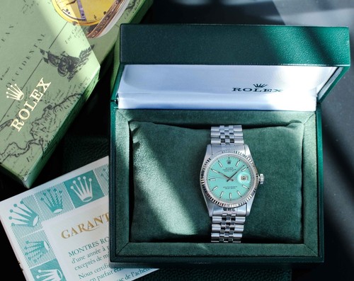ROLEX MENS DATEJUST 18KW GOLD STEEL CUSTOM TIFFANY DIAL ORIGINAL BOX & PAPERS - Picture 3 of 20