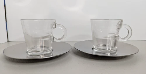 Set of 2 Nespresso VIEW Collection Glass Espresso Cups Stainless Steel Saucers